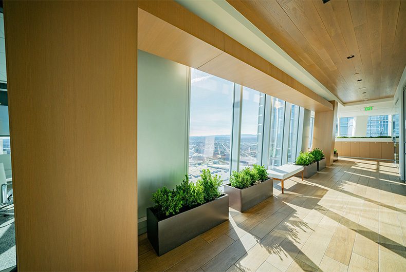 Office space with wood planters and upholstered bench