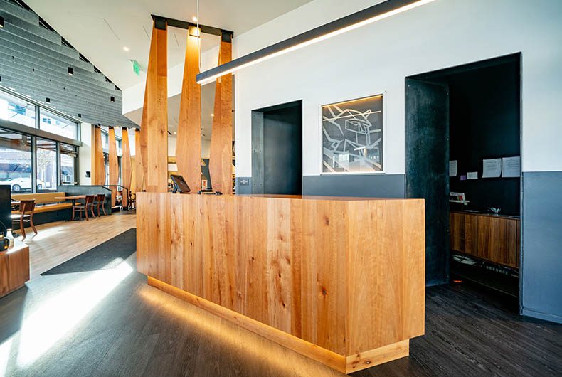 Restaurant hostess desk in front of dining area